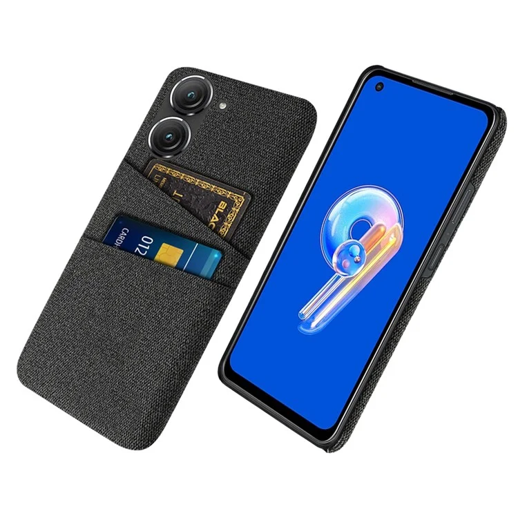 Для Asus Zenfone 9 5G Противоударный чехол с тканевой фактурой с двумя слотами для карт, устойчивой к царапинам пластиковой защитной крышкой - черный