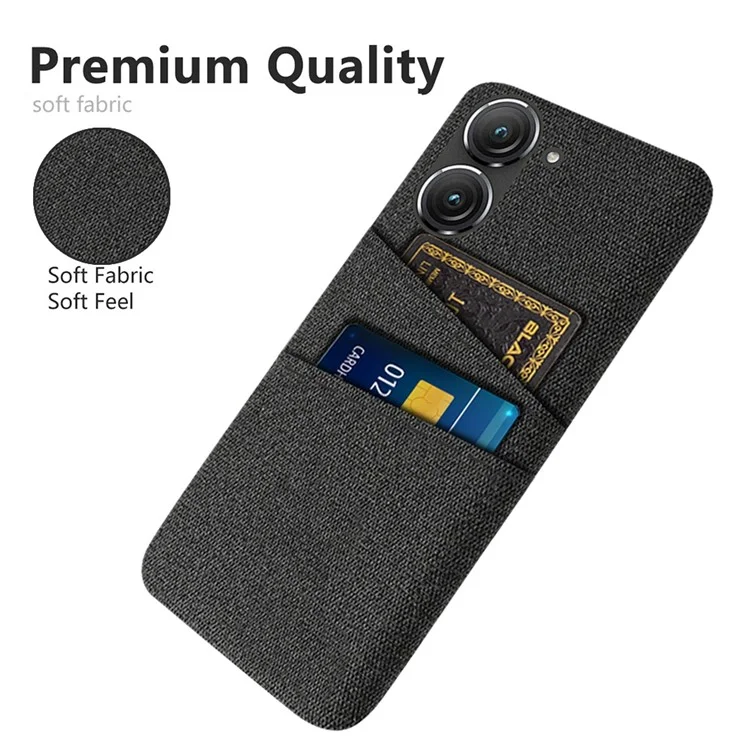 For Asus Zenfone 9 5G Drop-proof Cloth Texture Phone Case with Dual Card Slots Scratch Resistant PC Protective Cover - Black