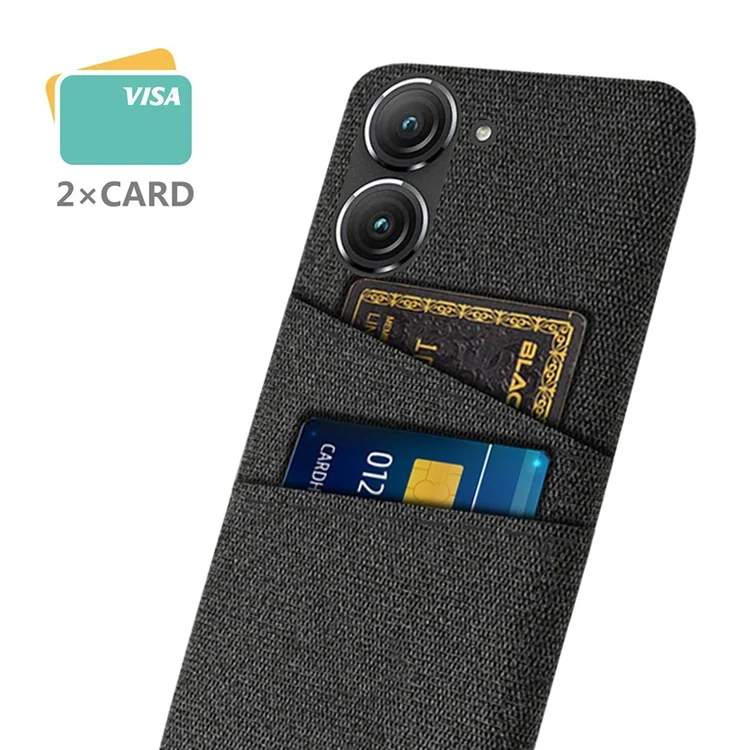 For Asus Zenfone 9 5G Drop-proof Cloth Texture Phone Case with Dual Card Slots Scratch Resistant PC Protective Cover - Black