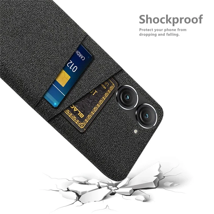 Для Asus Zenfone 9 5G Противоударный чехол с тканевой фактурой с двумя слотами для карт, устойчивой к царапинам пластиковой защитной крышкой - черный