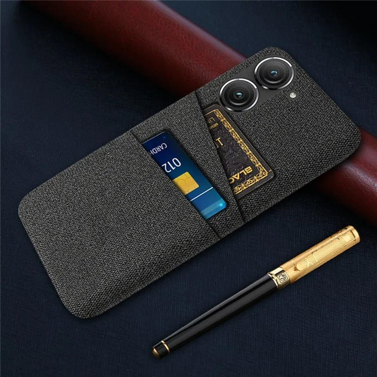 For Asus Zenfone 9 5G Drop-proof Cloth Texture Phone Case with Dual Card Slots Scratch Resistant PC Protective Cover - Black