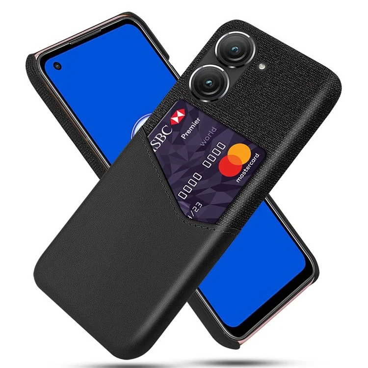 Per Asus Zenfone 9 5G Cloth Texture PU Leather + PC Back Case Card Holder Anti-drop Protective Phone Cover - Nero