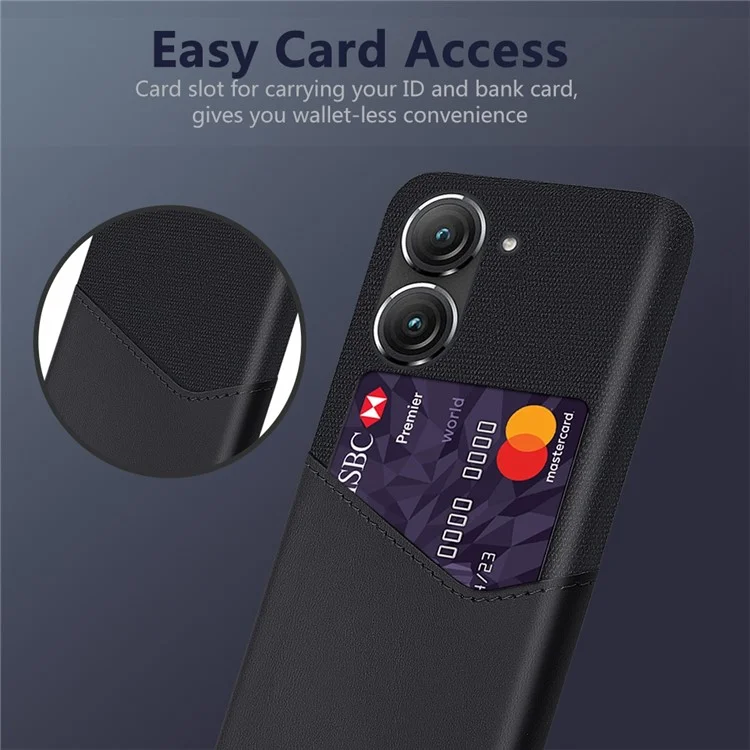 Per Asus Zenfone 9 5G Cloth Texture PU Leather + PC Back Case Card Holder Anti-drop Protective Phone Cover - Nero