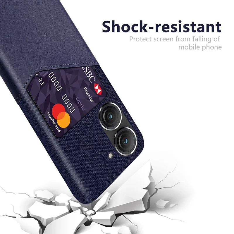 For Asus Zenfone 9 5G Cloth Texture PU Leather + PC Back Case Card Holder Anti-drop Protective Phone Cover - Blue