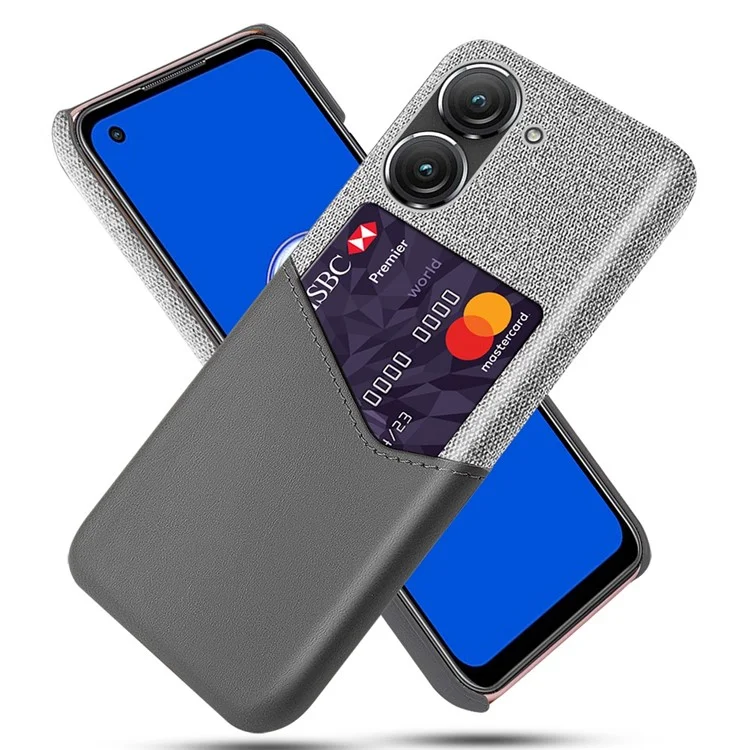 Pour Asus Zenfone 9 5G Cloth Texture PU Leather + PC Back Case Card Holder Anti-drop Protective Phone Cover - Grey
