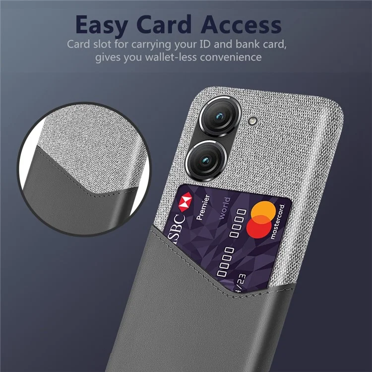 Pour Asus Zenfone 9 5G Cloth Texture PU Leather + PC Back Case Card Holder Anti-drop Protective Phone Cover - Grey