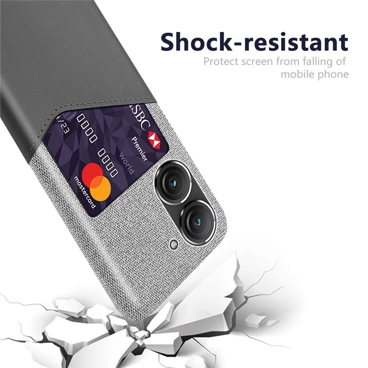 Pour Asus Zenfone 9 5G Cloth Texture PU Leather + PC Back Case Card Holder Anti-drop Protective Phone Cover - Grey