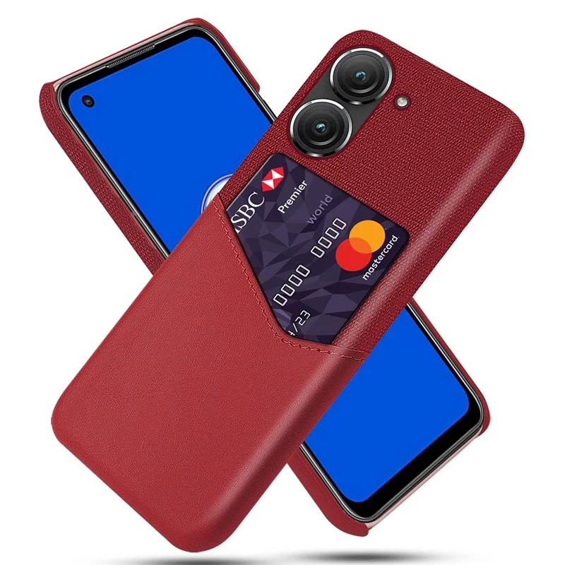 For Asus Zenfone 9 5G Cloth Texture PU Leather + PC Back Case Card Holder Anti-drop Protective Phone Cover - Red