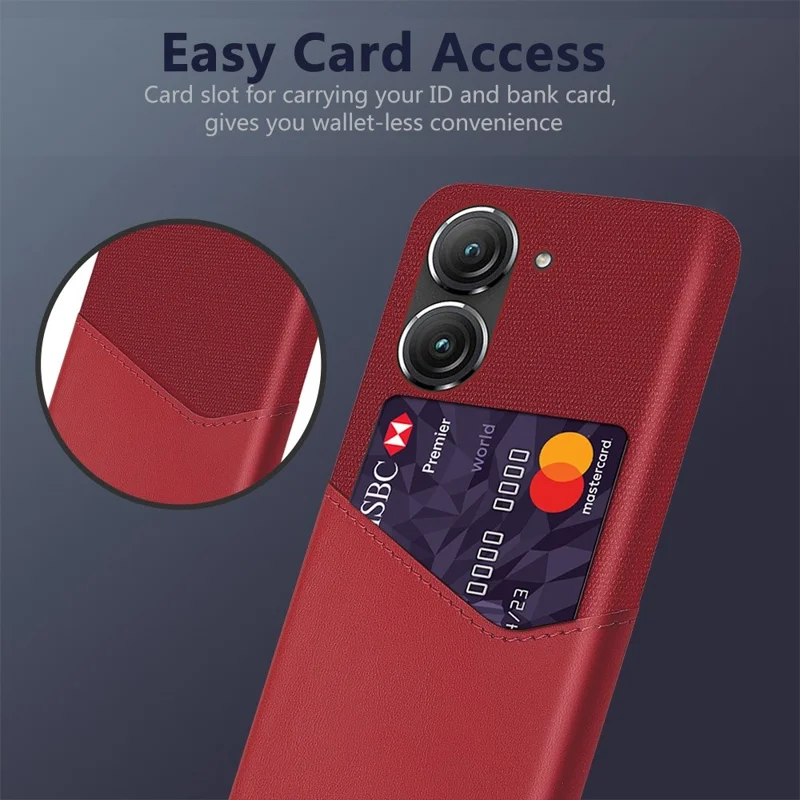 For Asus Zenfone 9 5G Cloth Texture PU Leather + PC Back Case Card Holder Anti-drop Protective Phone Cover - Red
