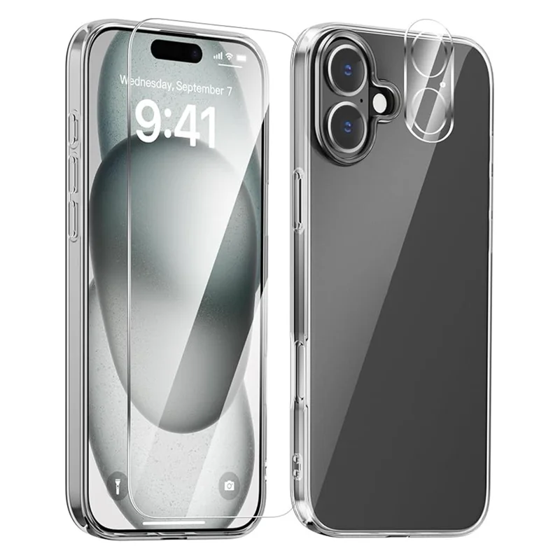 For iPhone 16 Plus Clear TPU Anti-Scratch Phone Case + Tempered Glass Lens Film + 2.5D Arc Edge Screen Protector