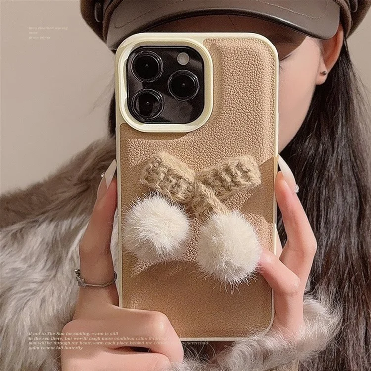 Для Iphone 15 Pro Case Plush Cherry Pom-poms Кожа+tpu Winter Phone Cover