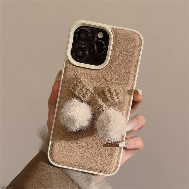 Для Iphone 15 Pro Case Plush Cherry Pom-poms Кожа+tpu Winter Phone Cover