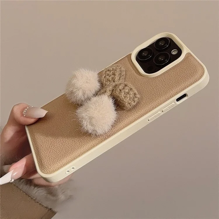 Для Iphone 15 Pro Case Plush Cherry Pom-poms Кожа+tpu Winter Phone Cover