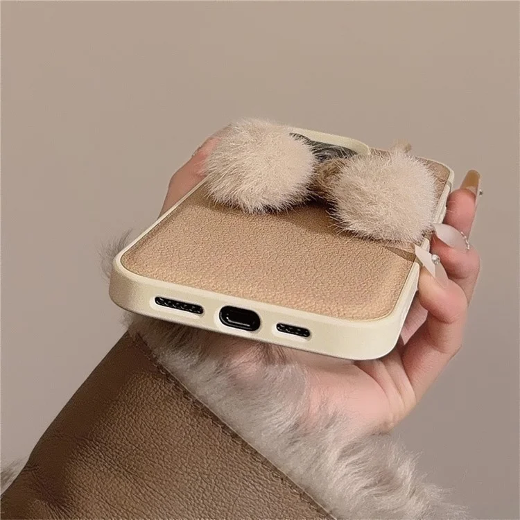 Для Iphone 15 Pro Case Plush Cherry Pom-poms Кожа+tpu Winter Phone Cover