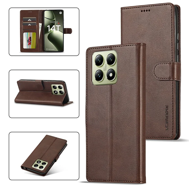 LC.IMEEKE For Xiaomi 14T Case Calf Texture PU Leather Stand Wallet Phone Cover - Brown