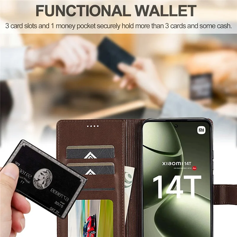 LC.IMEEKE For Xiaomi 14T Case Calf Texture PU Leather Stand Wallet Phone Cover - Brown