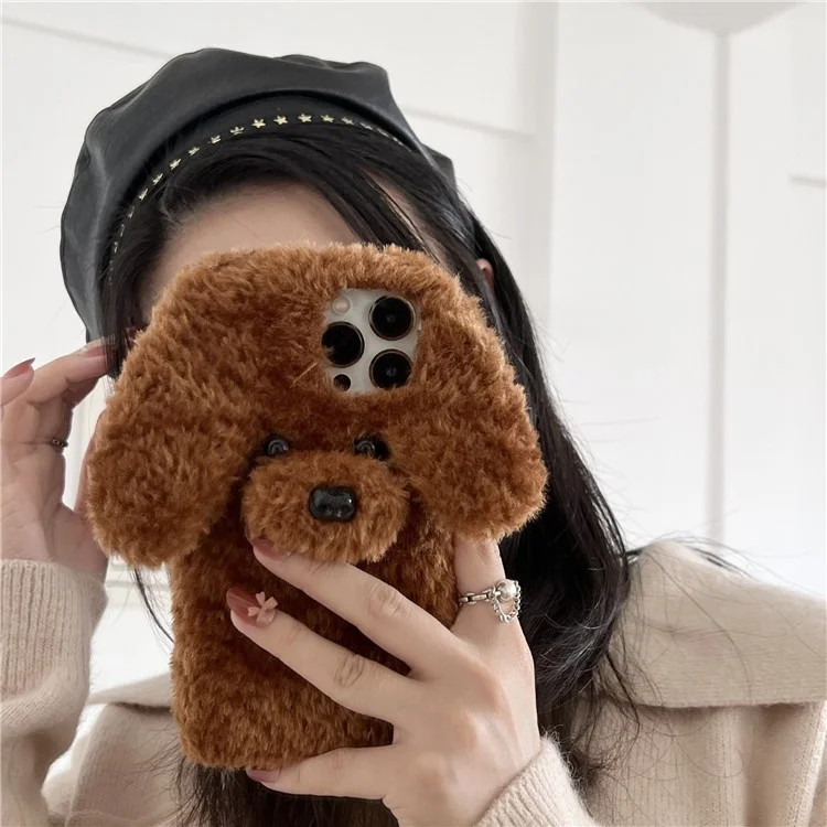 Per iPhone 15 Pro Max Case Cute Teddy Dog Fluffy Soft TPU Winter Phone Cover - Marrone