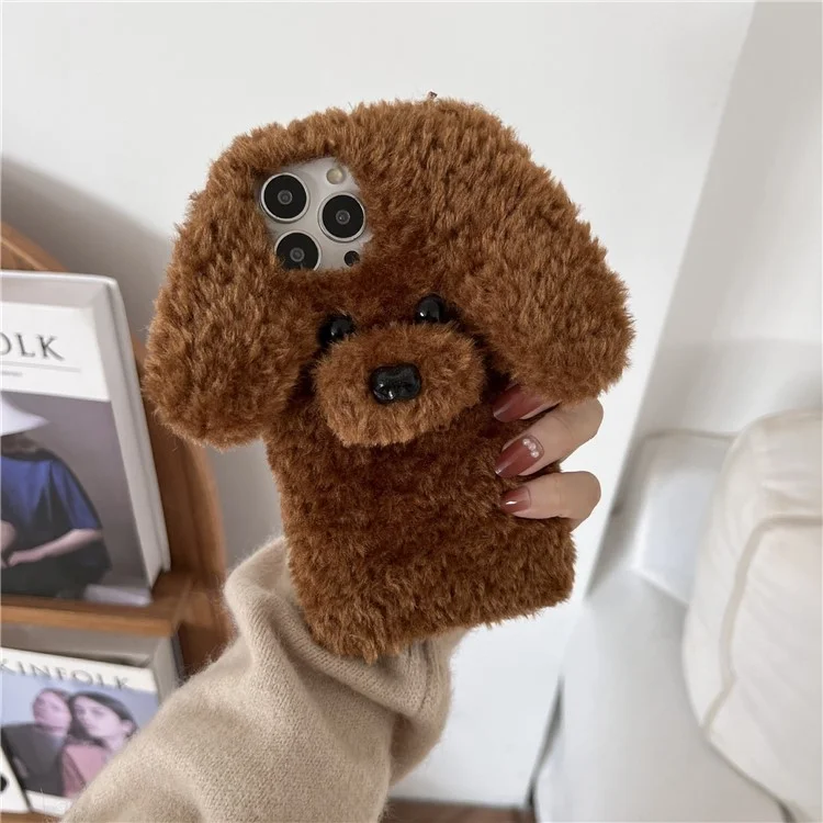 Per iPhone 15 Pro Max Case Cute Teddy Dog Fluffy Soft TPU Winter Phone Cover - Marrone