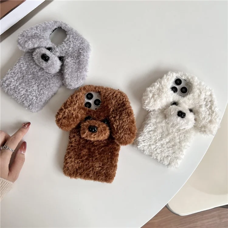 Per iPhone 15 Pro Max Case Cute Teddy Dog Fluffy Soft TPU Winter Phone Cover - Marrone
