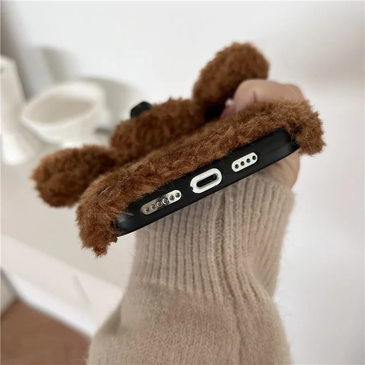 Per iPhone 15 Pro Case Cute Teddy Dog Fluffy Soft TPU Winter Phone Cover - Marrone