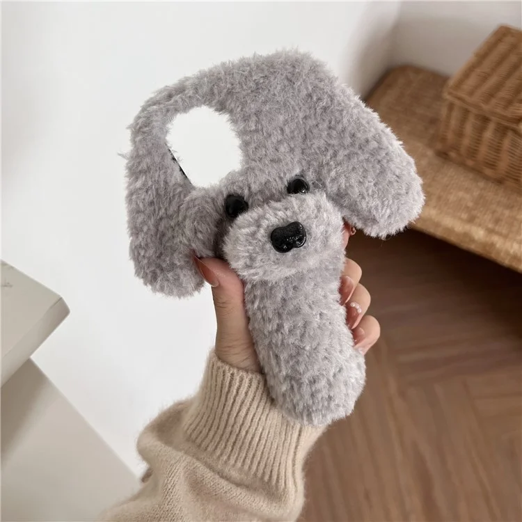 Per iPhone 15 Pro Case Cute Teddy Dog Fluffy Soft TPU Winter Phone Cover - Marrone