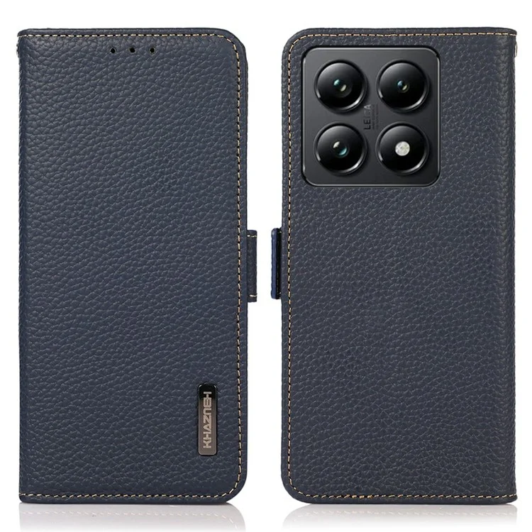 KHAZNEH Für Xiaomi 14T Pro Handyhülle Echtes Rindsleder Cover RFID-Blockierung - Blau