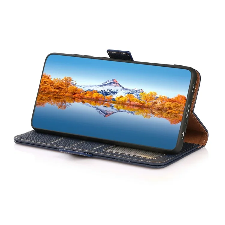 KHAZNEH Für Xiaomi 14T Pro Handyhülle Echtes Rindsleder Cover RFID-Blockierung - Blau