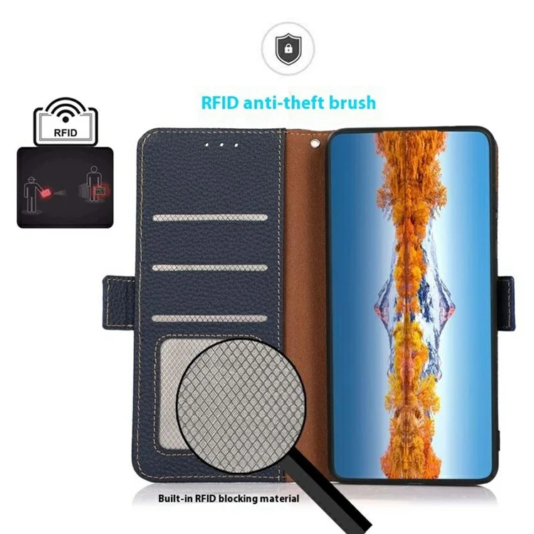 KHAZNEH Für Xiaomi 14T Pro Handyhülle Echtes Rindsleder Cover RFID-Blockierung - Blau