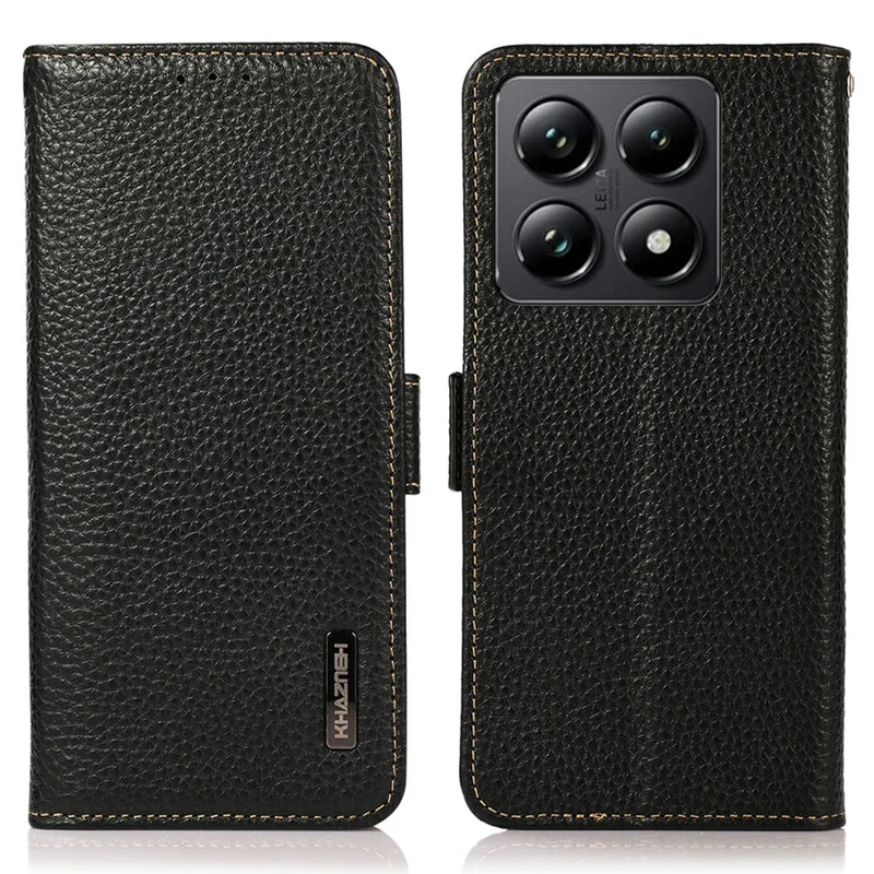 KHAZNEH For Xiaomi 14T Phone Case Genuine Cow Leather Cover RFID Blocking - Black