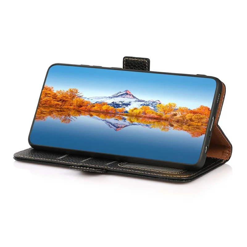 KHAZNEH For Xiaomi 14T Phone Case Genuine Cow Leather Cover RFID Blocking - Black