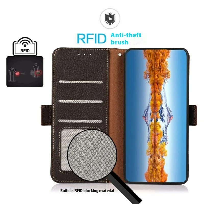 Khazneh Para Xiaomi 14t Case de Teléfono Genuino Cubierta de Cuero de Vaca Bloqueo RFID - Marrón