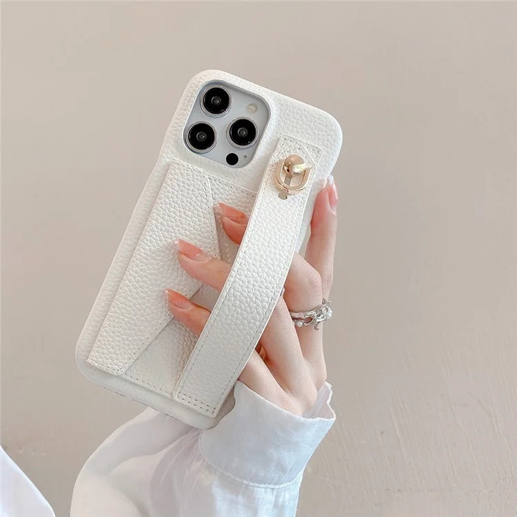 Pour Iphone 16 Pro Max Case Wristband Kickstand Card Slot PU Leather + Pet Phone Cover - Blanc
