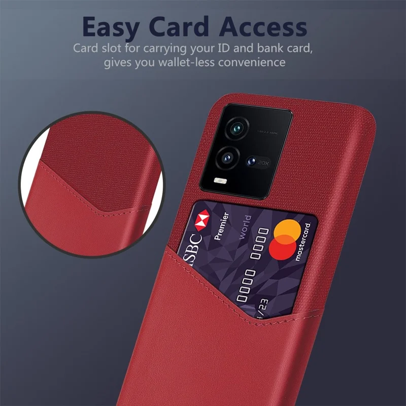 For vivo iQOO 10 5G Shockproof Cloth Texture PU Leather + PC Back Case Card Holder Protective Phone Cover - Red