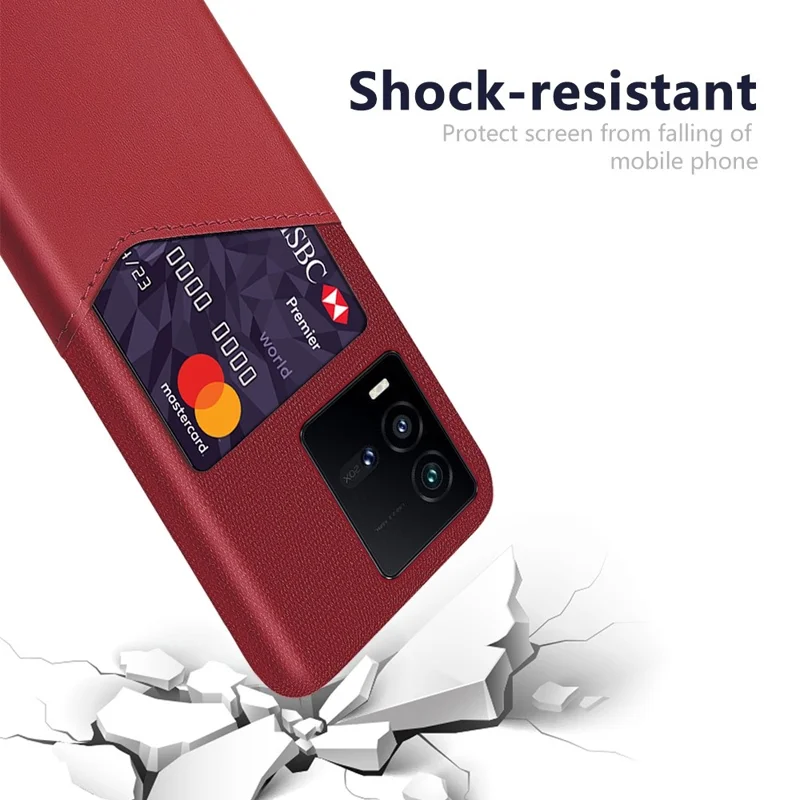 For vivo iQOO 10 5G Shockproof Cloth Texture PU Leather + PC Back Case Card Holder Protective Phone Cover - Red