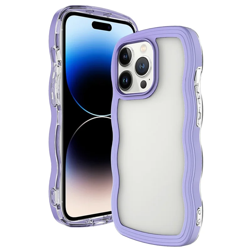 For iPhone 14 Pro Max Detachable Color Frame Transparent Back Cover Wave Edge PC + TPU Anti-scratch Anti-drop Phone Case - Purple