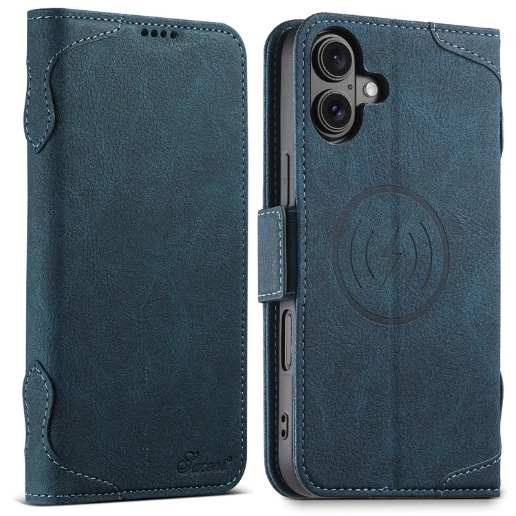 SUTENI J07 Pour Iphone 16 Plus Case Compatible Avec Magsafe Litchi Texture le Cuir de Portefeuille Couverture de Téléphone - Bleu