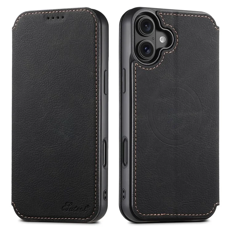 SUTENI J06 Per iPhone 16 Plus Case Texture Litchi Leather Wallet Phone Shell Compatibile con MagSafe - Nero