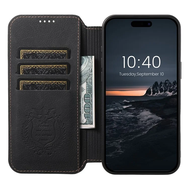 SUTENI J06 Per iPhone 16 Plus Case Texture Litchi Leather Wallet Phone Shell Compatibile con MagSafe - Nero