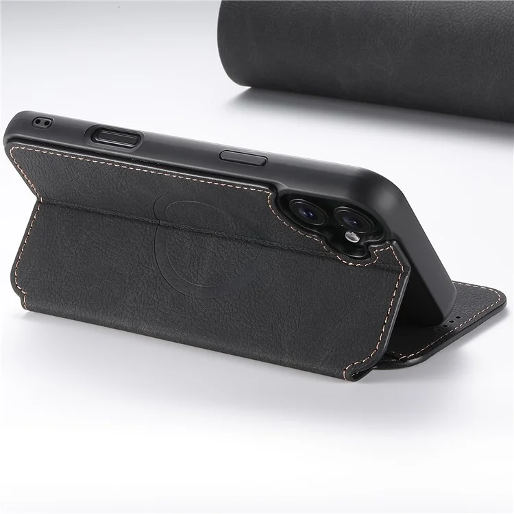 SUTENI J06 Per iPhone 16 Plus Case Texture Litchi Leather Wallet Phone Shell Compatibile con MagSafe - Nero