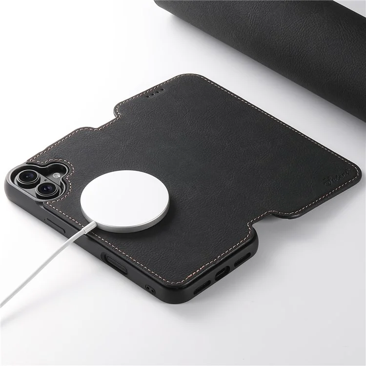 SUTENI J06 Per iPhone 16 Plus Case Texture Litchi Leather Wallet Phone Shell Compatibile con MagSafe - Nero