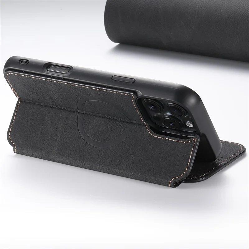 SUTENI J06 For iPhone 16 Pro Max Case Litchi Texture Leather Wallet Phone Shell Compatible with MagSafe - Black