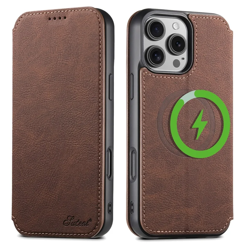 SUTENI J06 Voor iPhone 16 Pro hoesje Litchi-structuur Lederen portemonnee telefoonhoes compatibel met MagSafe - Bruin