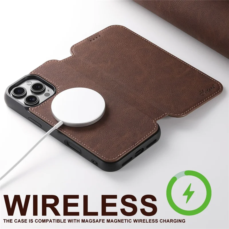 SUTENI J06 Voor iPhone 16 Pro hoesje Litchi-structuur Lederen portemonnee telefoonhoes compatibel met MagSafe - Bruin