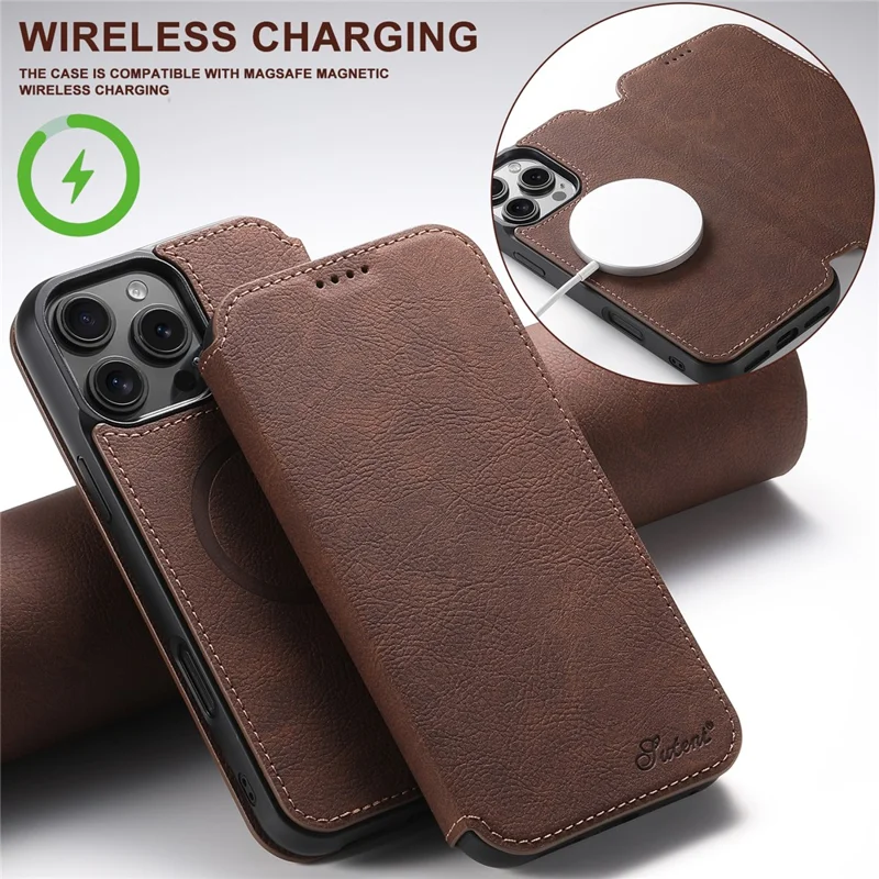 SUTENI J06 Voor iPhone 16 Pro hoesje Litchi-structuur Lederen portemonnee telefoonhoes compatibel met MagSafe - Bruin