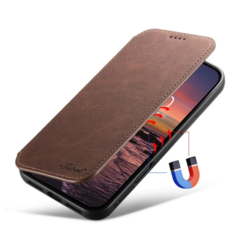 SUTENI J06 Voor iPhone 16 Pro hoesje Litchi-structuur Lederen portemonnee telefoonhoes compatibel met MagSafe - Bruin