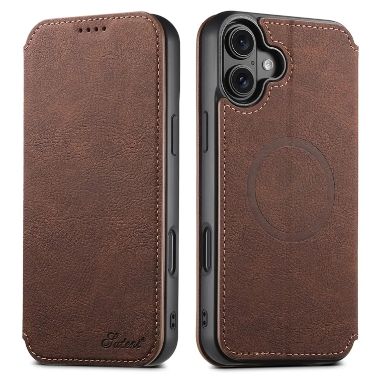 SUTENI J06 For iPhone 16 Case Litchi Texture Leather Wallet Phone Shell Compatible with MagSafe - Marrón