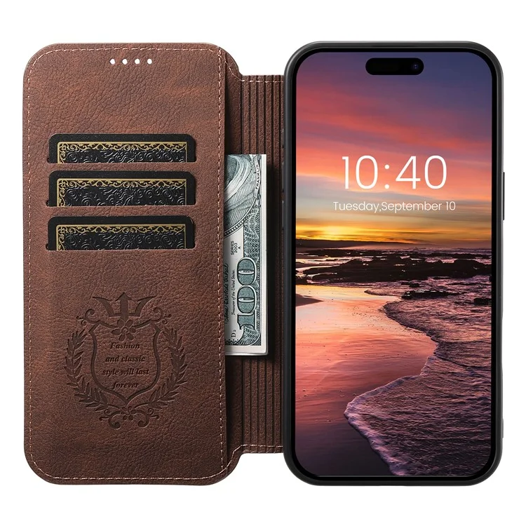 SUTENI J06 For iPhone 16 Case Litchi Texture Leather Wallet Phone Shell Compatible with MagSafe - Marrón