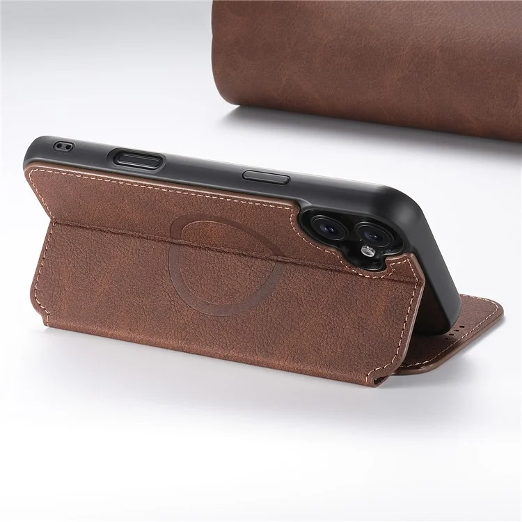 SUTENI J06 For iPhone 16 Case Litchi Texture Leather Wallet Phone Shell Compatible with MagSafe - Marrón
