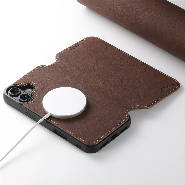 SUTENI J06 For iPhone 16 Case Litchi Texture Leather Wallet Phone Shell Compatible with MagSafe - Marrón