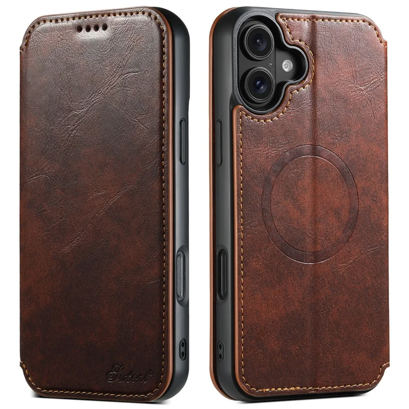 SUTENI J06 Pour Iphone 16 Plus Case Compatible Avec Magsafe Textured PU Leather Flip Phone Cover - Kaki